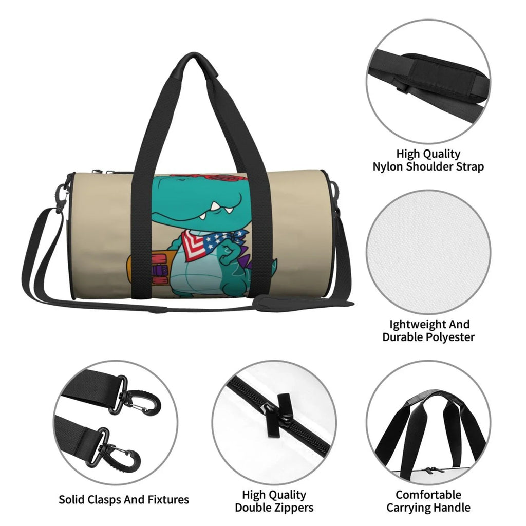 Coaee Cool Dino Playing Skateboard Large Capacity Travel Luggage Bag Cylinder Gym Bag Liquid Sports Bag with Pocket and Compartment
