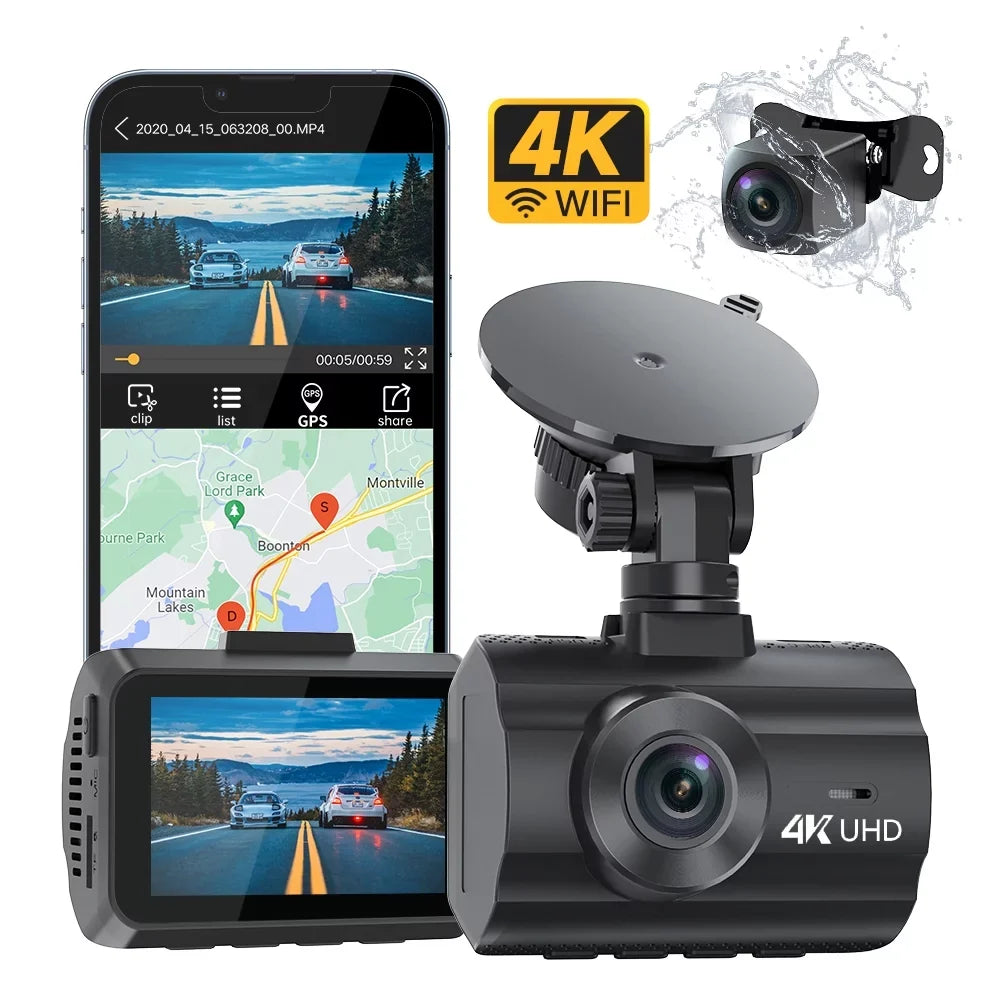 4K Dash Cam WiFi GPS,4K+1080P Front and Rear, Car Dash Camera, Dashcam with 2" LCD Monitor 170° Wide Angle, WDR, Night Vision,Parking Mode, G-Sensor,Black