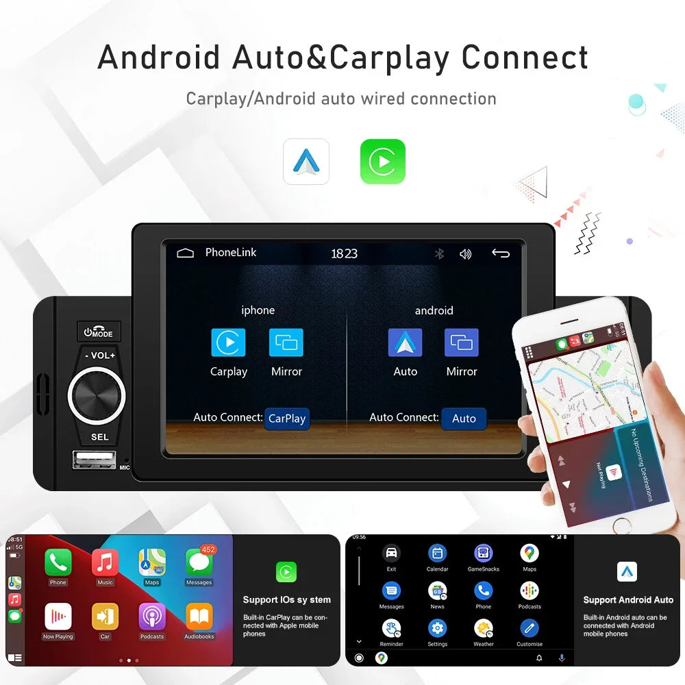 Podofo Single 1 Din 5'' Touch Monitor Car Stereo Radio with Carplay Android Auto Mirror Link HD Car MP5 Multimedia Player Bluetooth USB FM Audio Receiver USB, Backup Camera Included