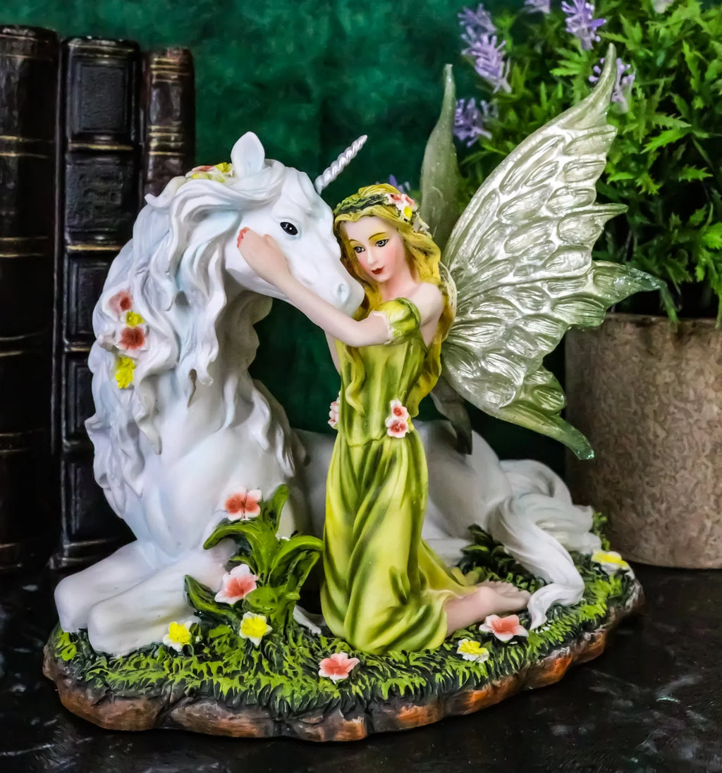 Green Earth Gaia Fairy With Rare Floral White Unicorn Statue Decor Figurine 7"L