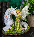 Green Earth Gaia Fairy With Rare Floral White Unicorn Statue Decor Figurine 7"L