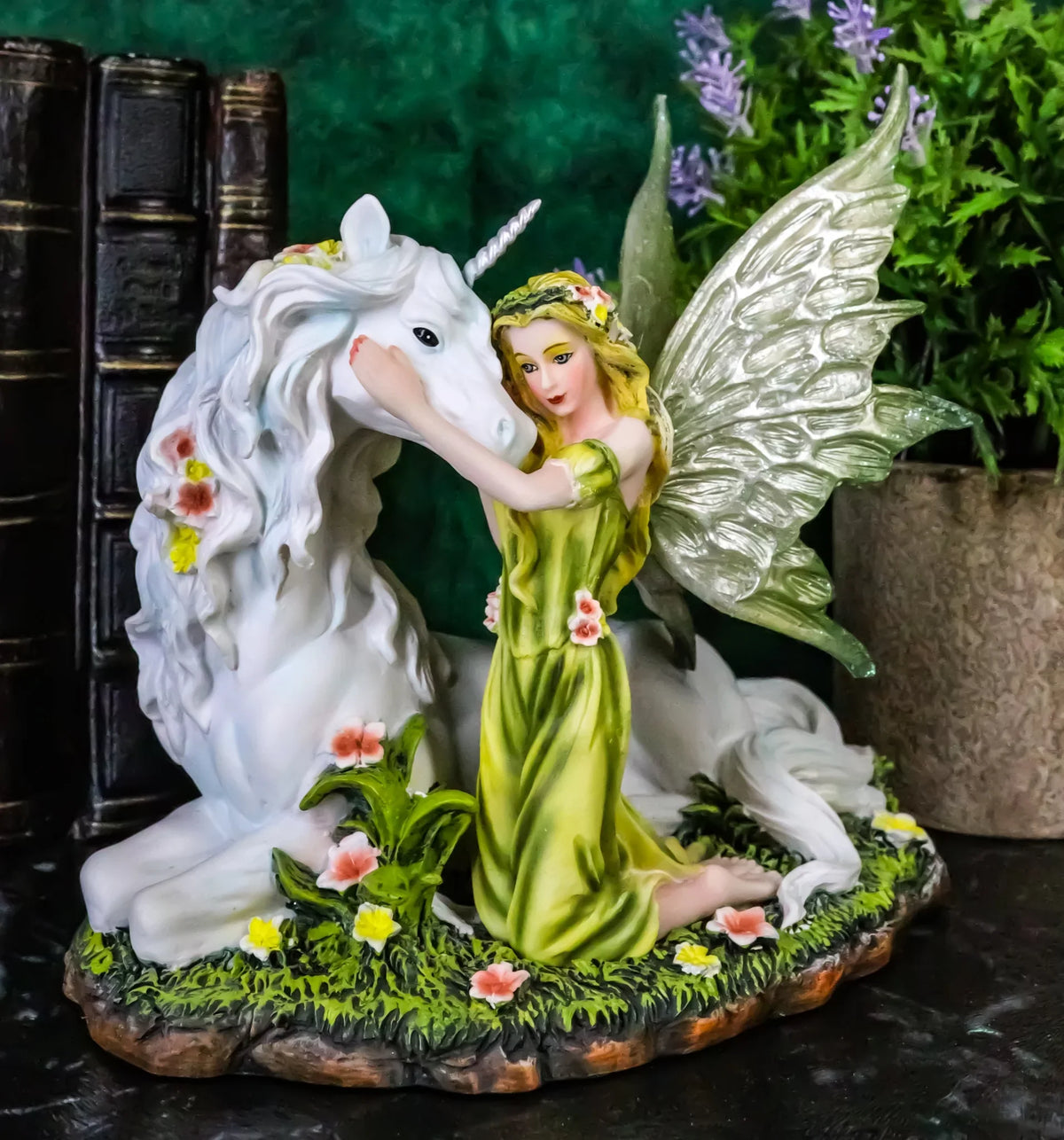Green Earth Gaia Fairy With Rare Floral White Unicorn Statue Decor Figurine 7"L