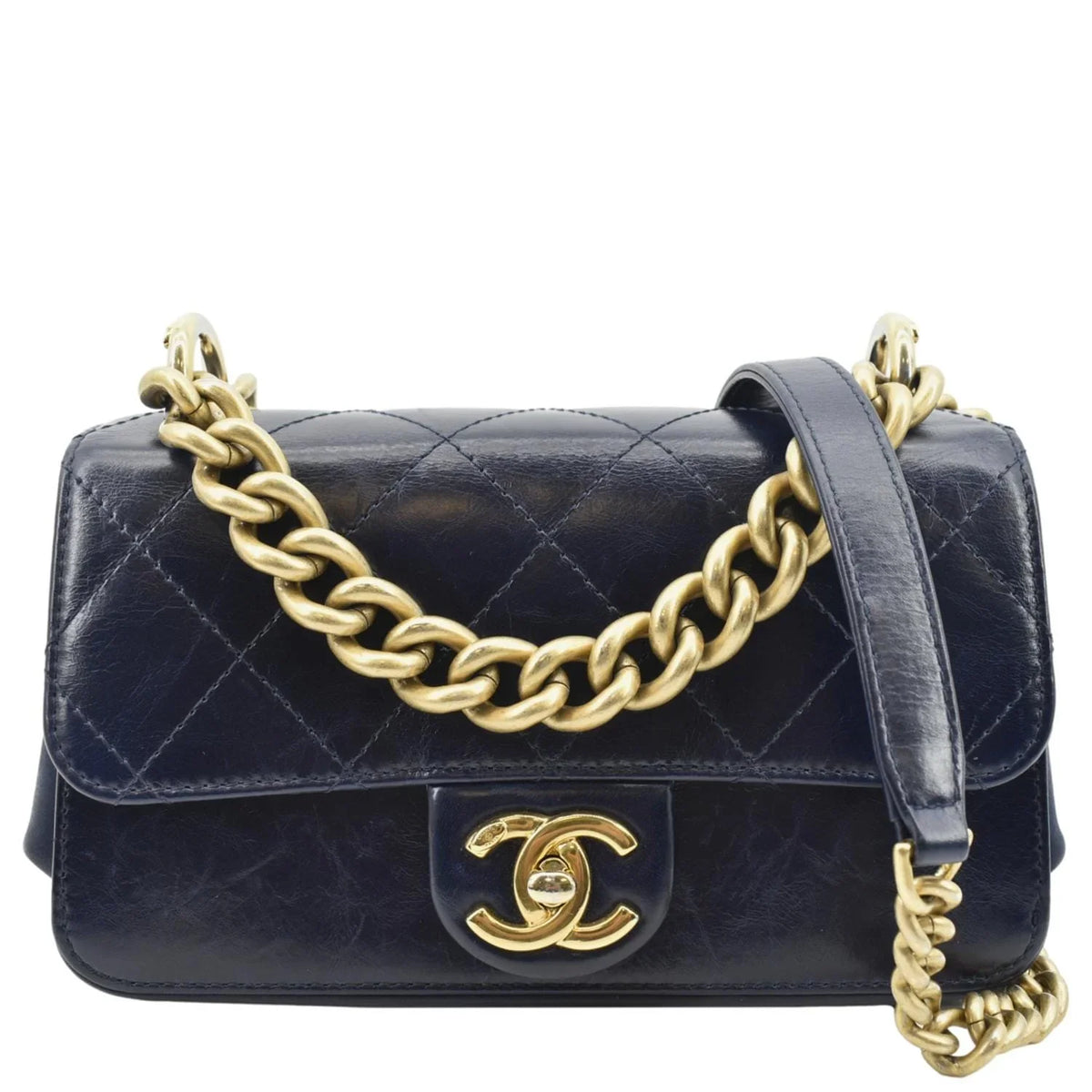 Pre-Owned CHANEL Chain Handle CC Flap Quilted Leather Shoulder Bag Blue
