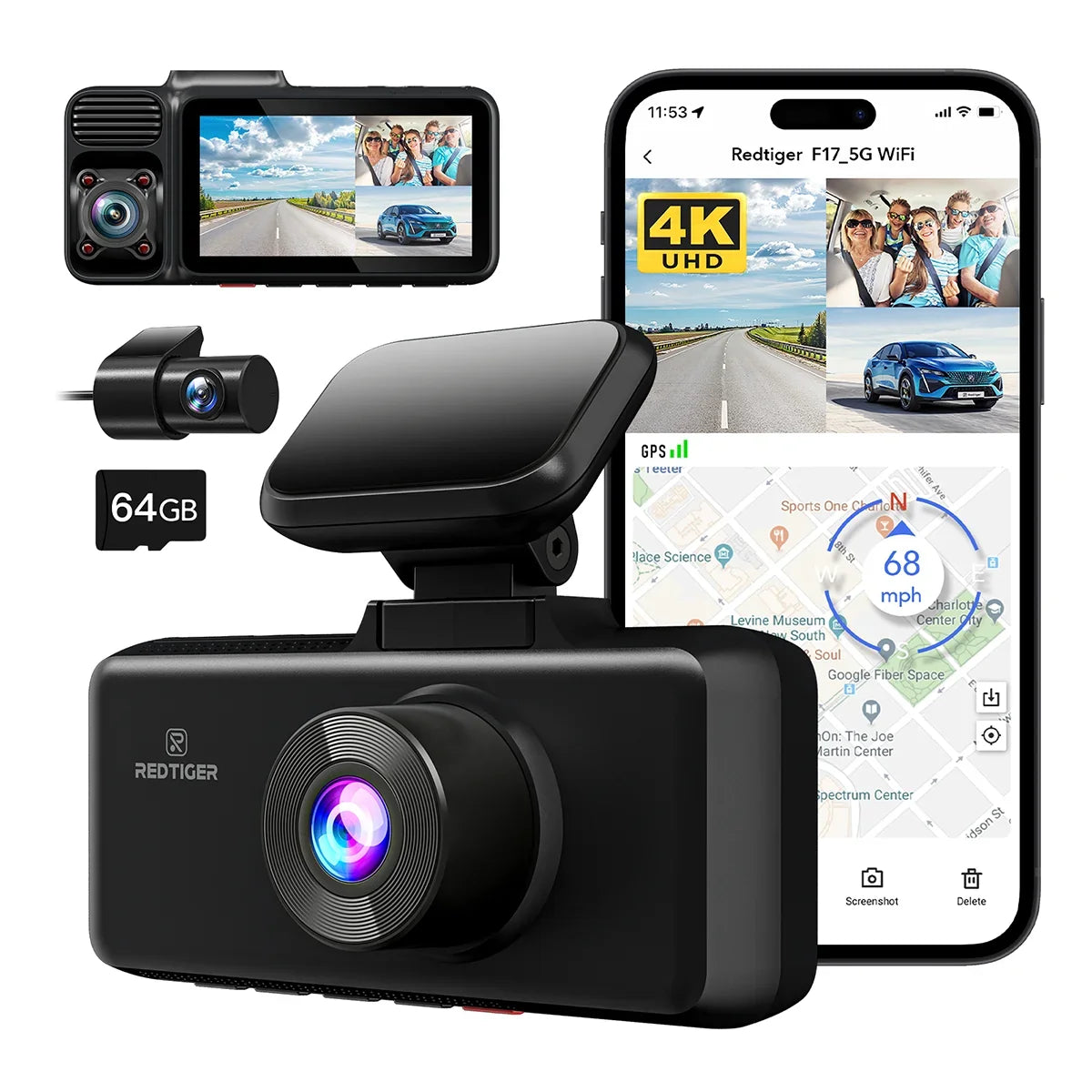 REDTIGER Dash Cam 3 Channel, DashCam Front and Rear with 5G WiFi GPS, Dash Camera Three Way with 3 inch IPS Monitor Free 64GB Card, Triple Car Camera with IR Night Vision, Vehicle