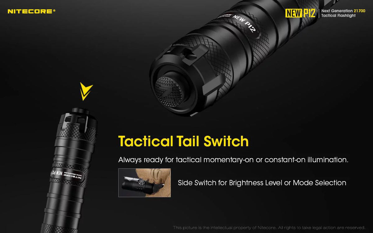 Nitecore New P12 Version LED Flashlight - 1200 Lumens w/NL2150HPR Battery, USB Cord, Offset Mount, RSW3 Pressure Switch, and 3Amp Wall Adapter