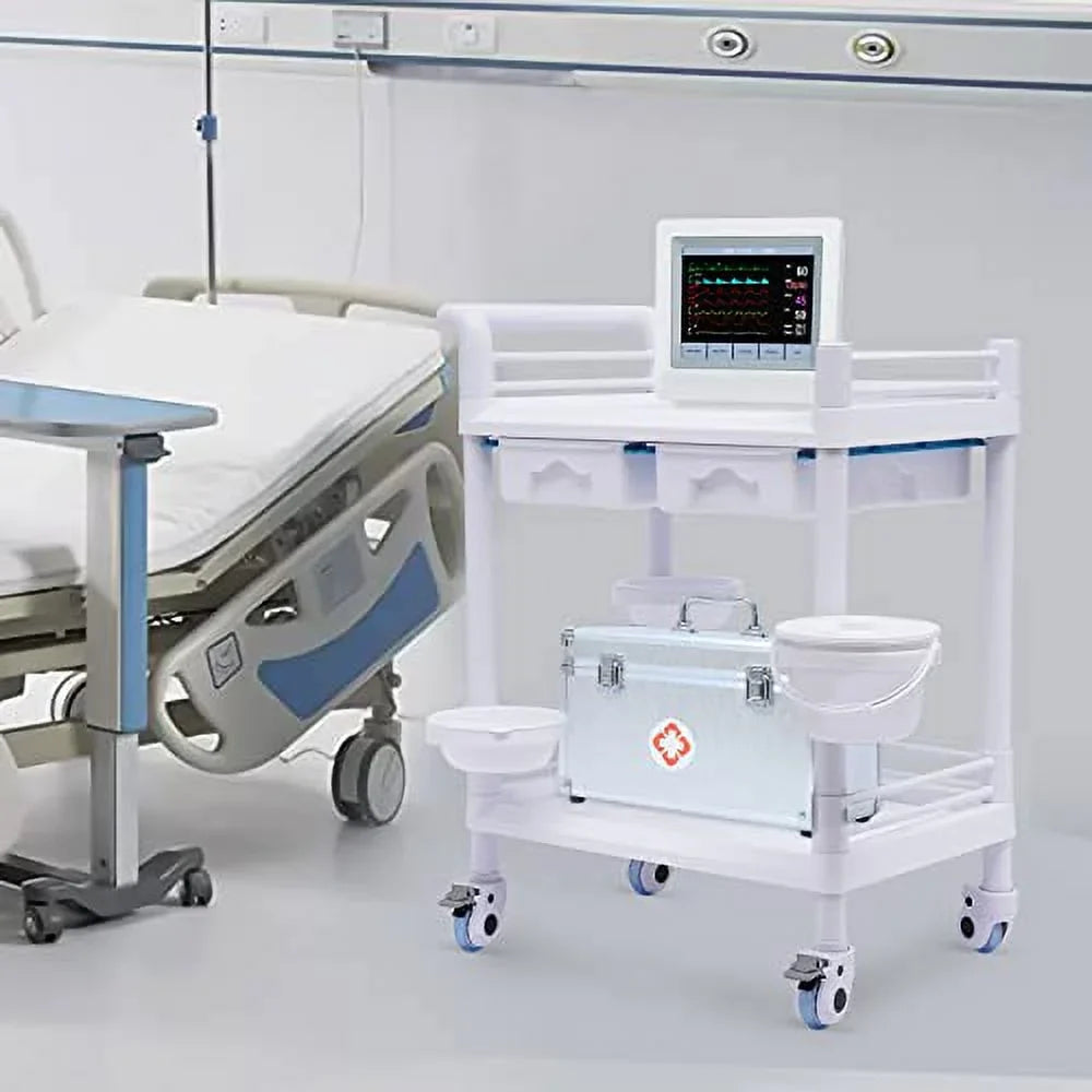 Medical Trolley Cart with 360°Rotate Wheels 2 Tier 275 Lbs Spacious Spa Beauty Salon Rolling Trolley with Dirt Buckets Drawers Heavy Duty Medical Utility Cart for Hospital Dental Clinic Beauty Salon