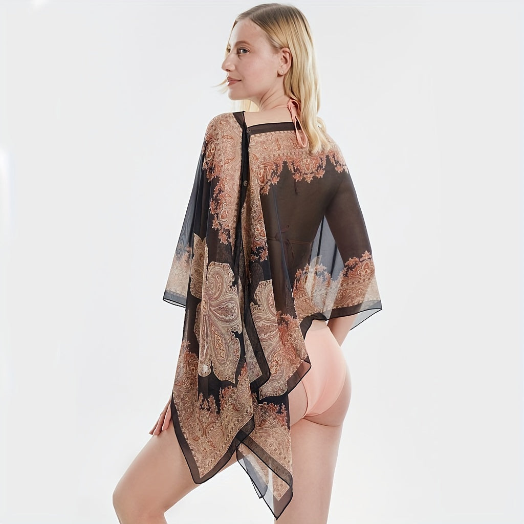 Jkzcp Fashionable Sun Protection Vintage Paisley Print Shawl Bikini Cover Up With Button