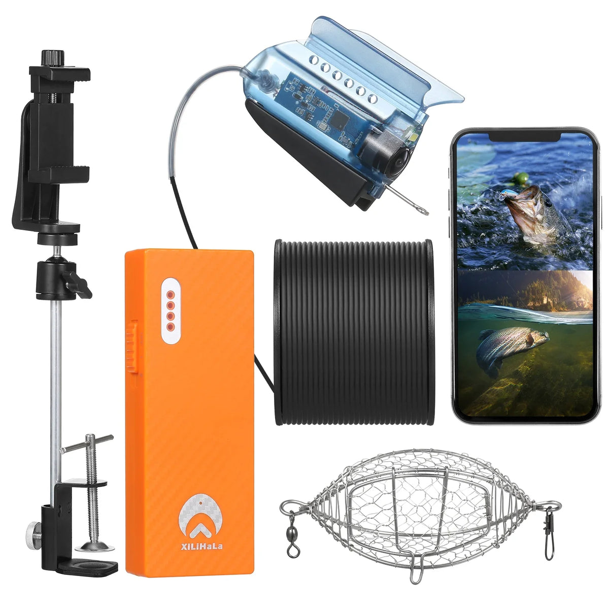 MIXFEER 1080P Liquid Fishing Camera with APP Control Fishing Live Video Camera Fish Finder with 50M Cable Mobile Phone Holder Bait Cage Carry Case for Ice Lake Sea Boat Kayak Fishing