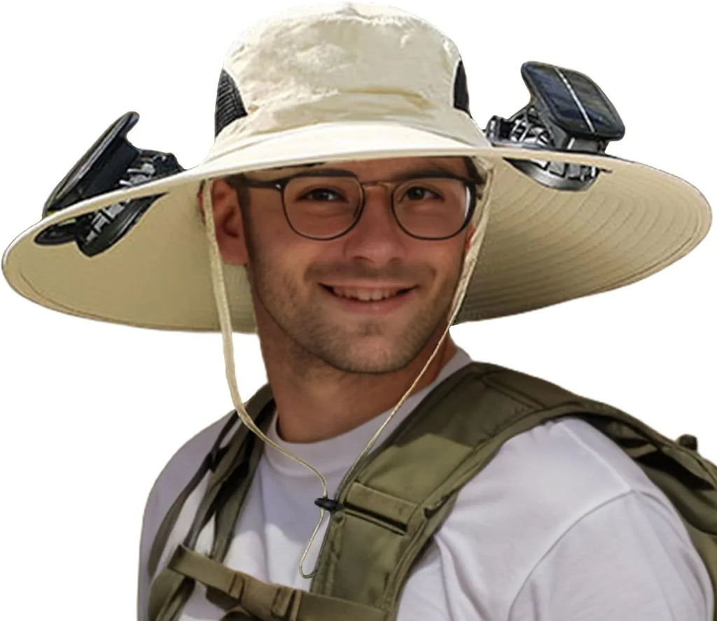 Men Sun Hat with 2 Solar Fan UPF 50+ Fishing Hats Wide Brim UV Protection Sun Hat, USB Charging