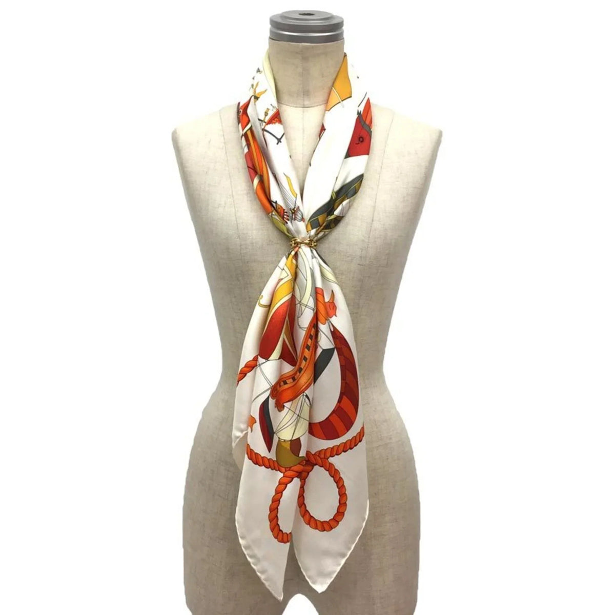 Pre-Owned HERMES Hermes Carre 90 Scarf Muffler LES FOLIES DU CIEL Madness in the Sky Balloon Pattern White/Orange 100% Silk (Like New)