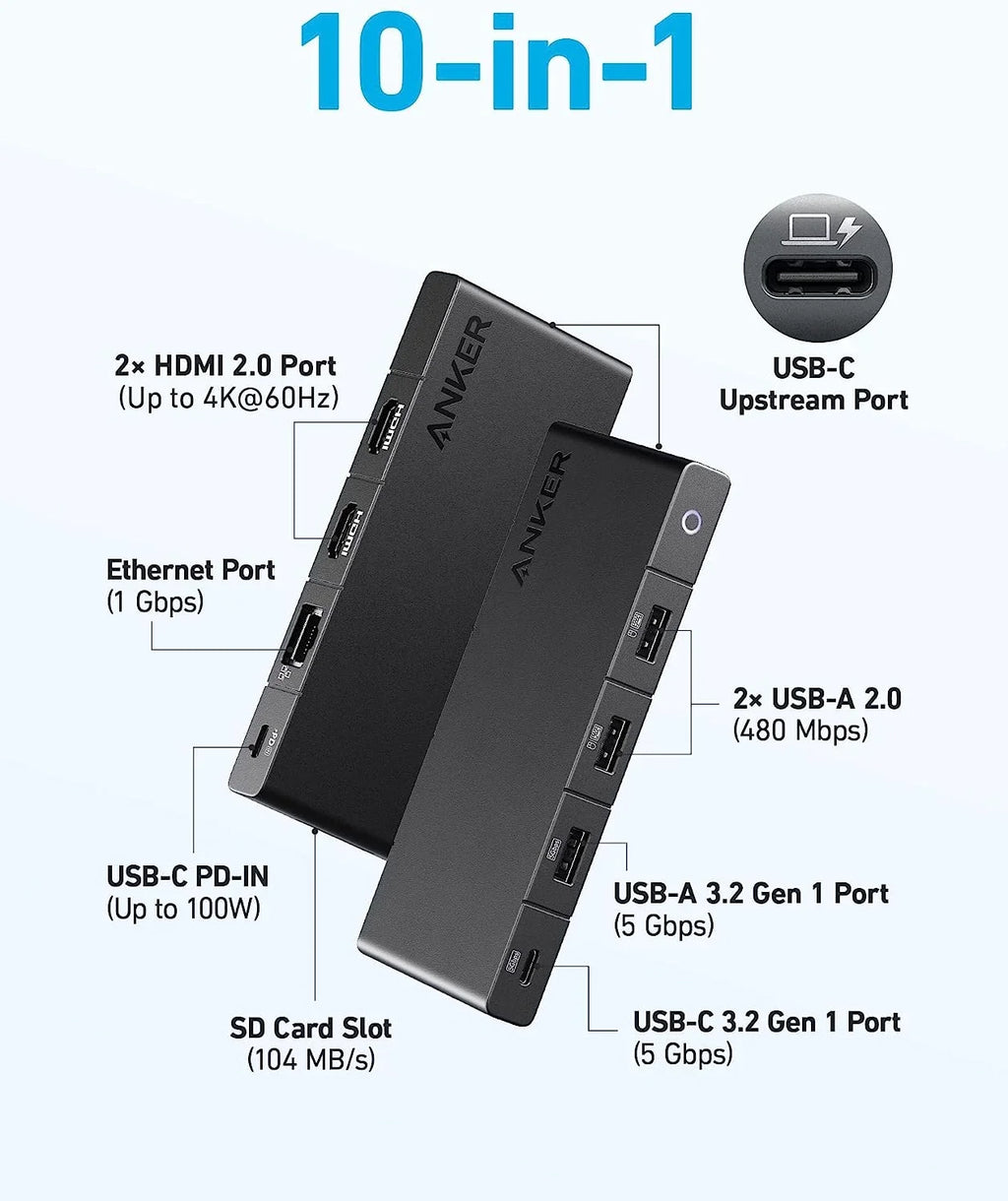 Anker 364 USB C Hub (10-in-1, Dual 4K HDMI) with Max 100W Power Delivery, Dual 4K HDMI Ports, 4 USB-A and USB-C Data Ports, Ethernet and SD Card Slot for Portable computer ThinkPad, and More