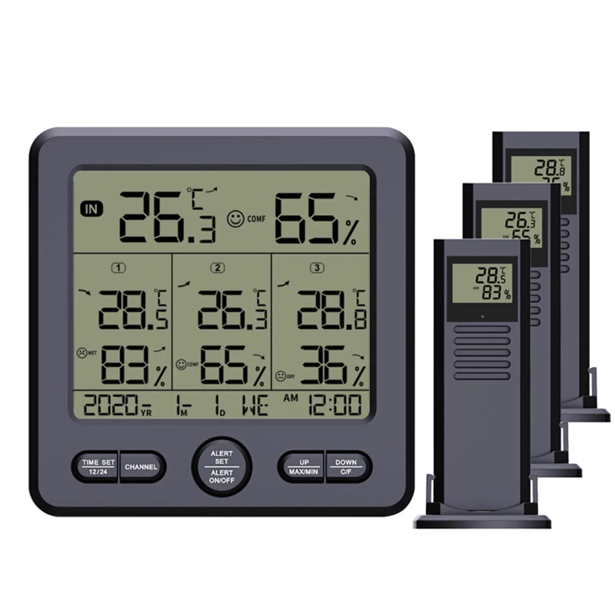 Digital Wireless Indoor Thermohygrometer with 3 Remote Sensors 98ft/ 30m Backlight & Alarm Calibration Function Humidity with 3 Transmitters Weather Stations for Home Office