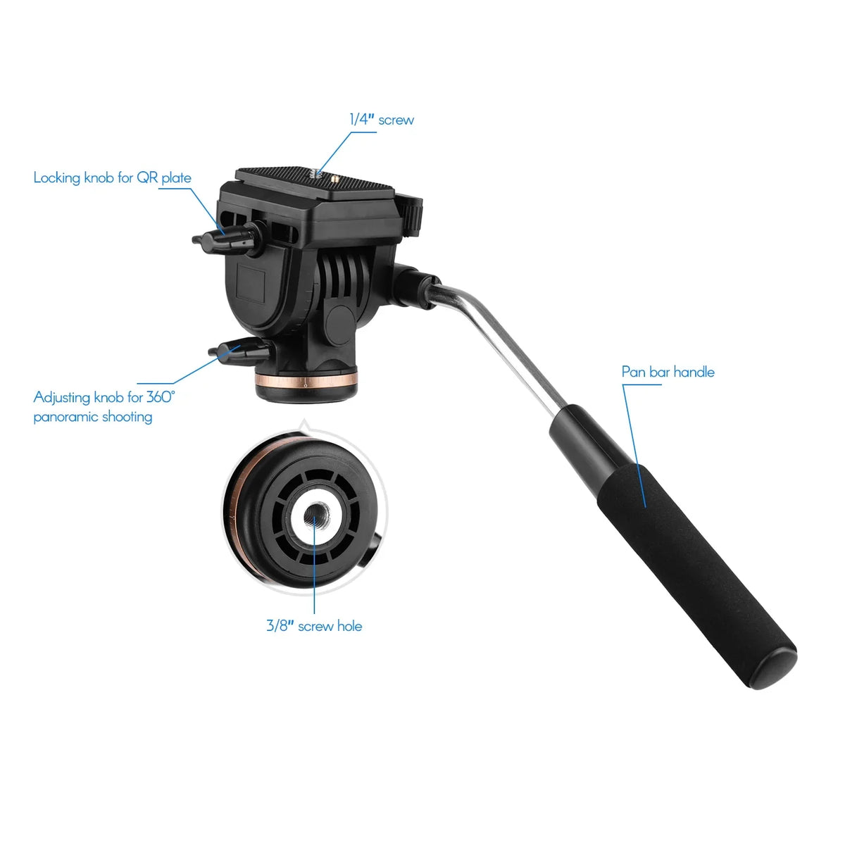 Docooler Professional Camera Video Fluid Drag Pan Head Damping Tripod Head 6kg Load Capacity with Handle 1 4 Inch Quick Release Plates Compatible with DSLR Cameras Camcorders