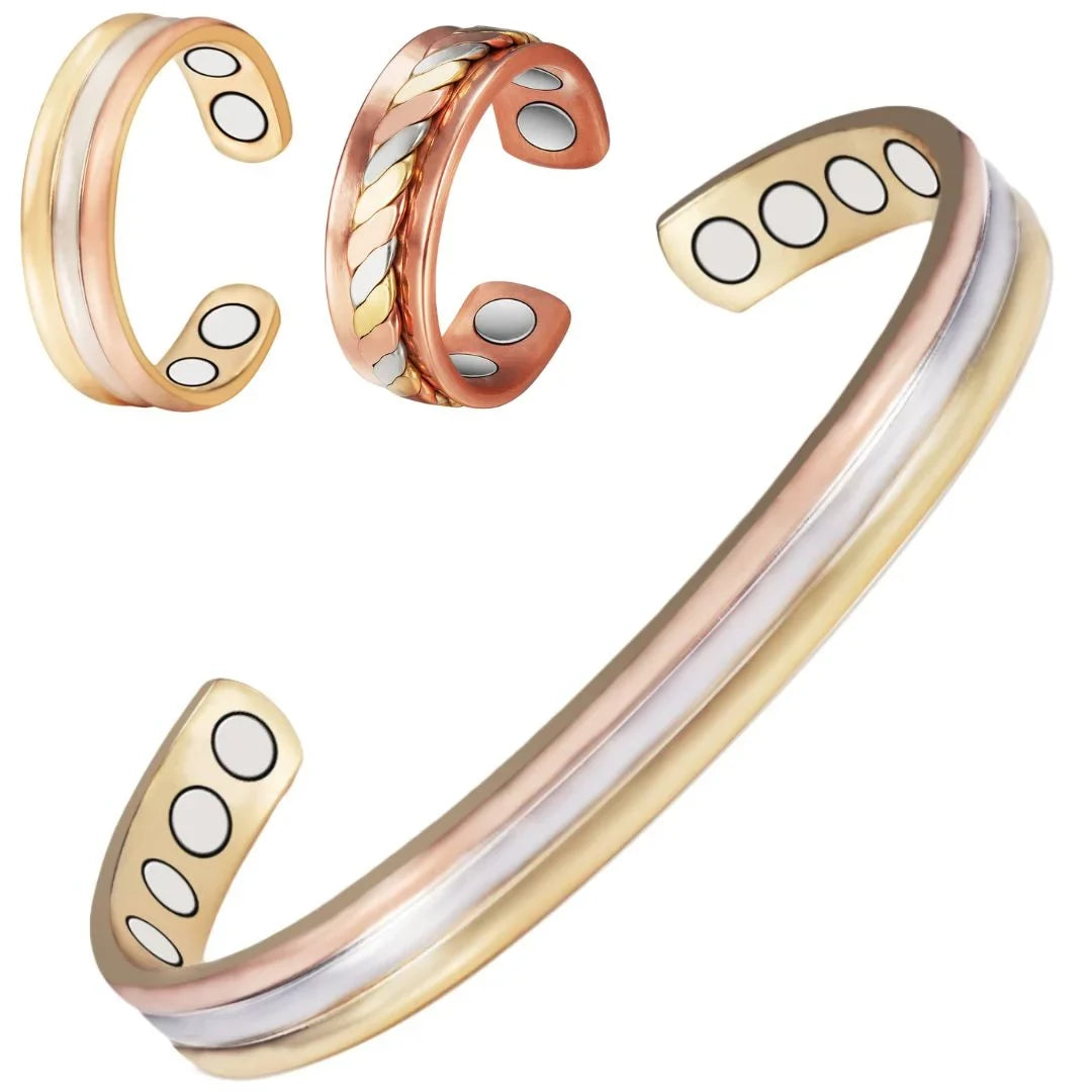 Wollet Magnetic Gold Alloy Bracelets+2 Brass Rings for Women, Set of 3 , Tri Color, Fashion Health Christmas Gift