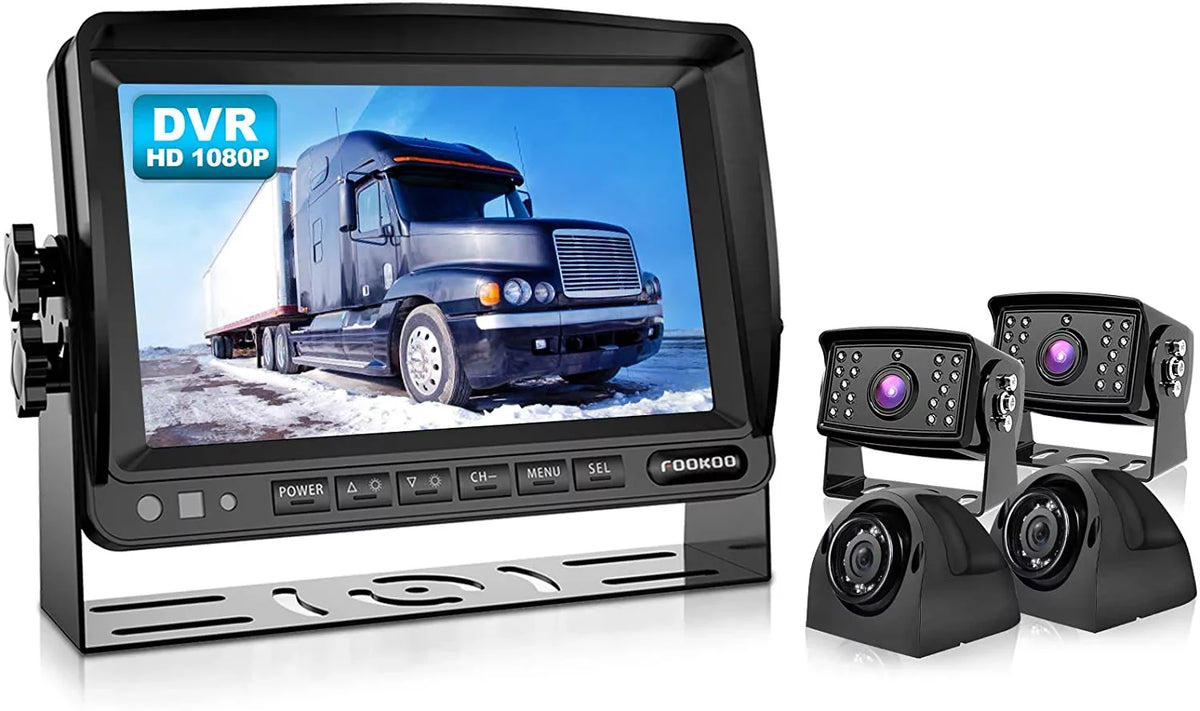 Fookoo HD Backup Camera System, 7'' DVR Split Display Monitor and Liquid Rear View Cameras with Parking Lines Reversing for RV/Truck/Trailer/Bus/Semi-Trailer/Tractor/5th Wheel Trailer(DY704)