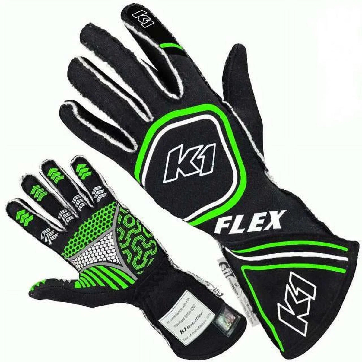 K1 Racegear FIA & SFI-5 Flex Glove, Black & Fluorescent Green - Large