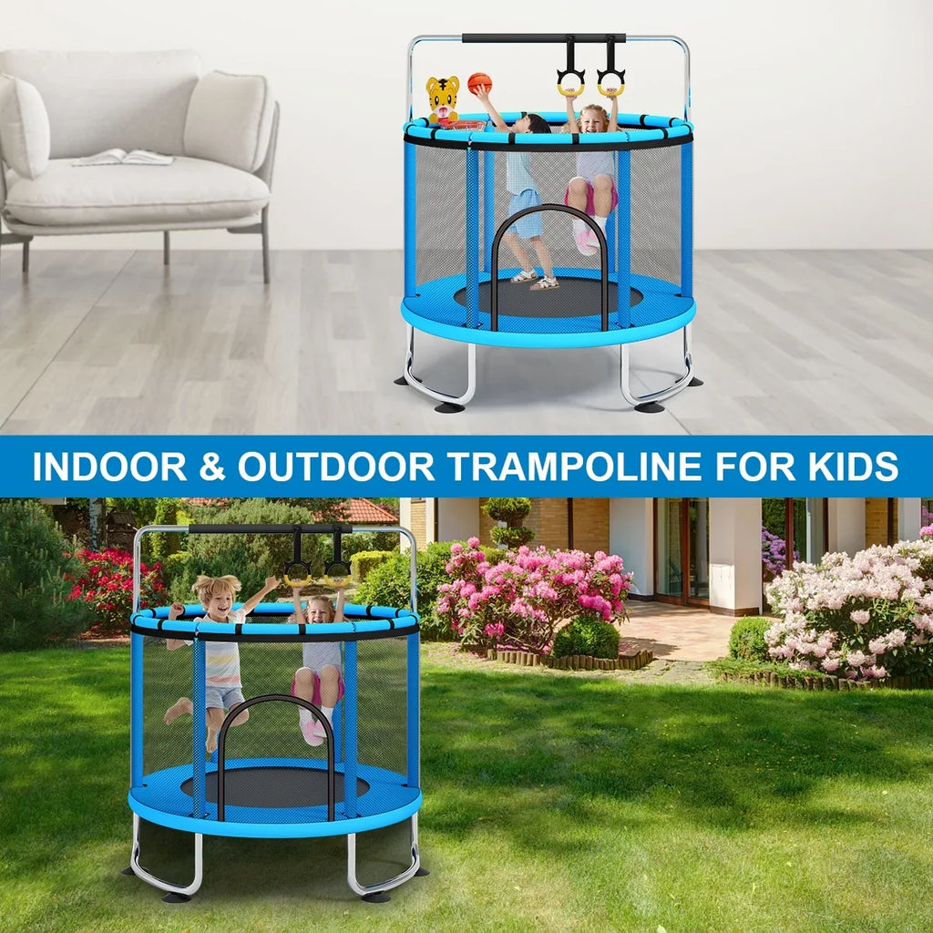 Fisca 55''Mini Trampoline for Kids, Toddler Trampoline with Basketball Hoop, Enclosure Net and Rings, Indoor Trampoline, 555lbs Load