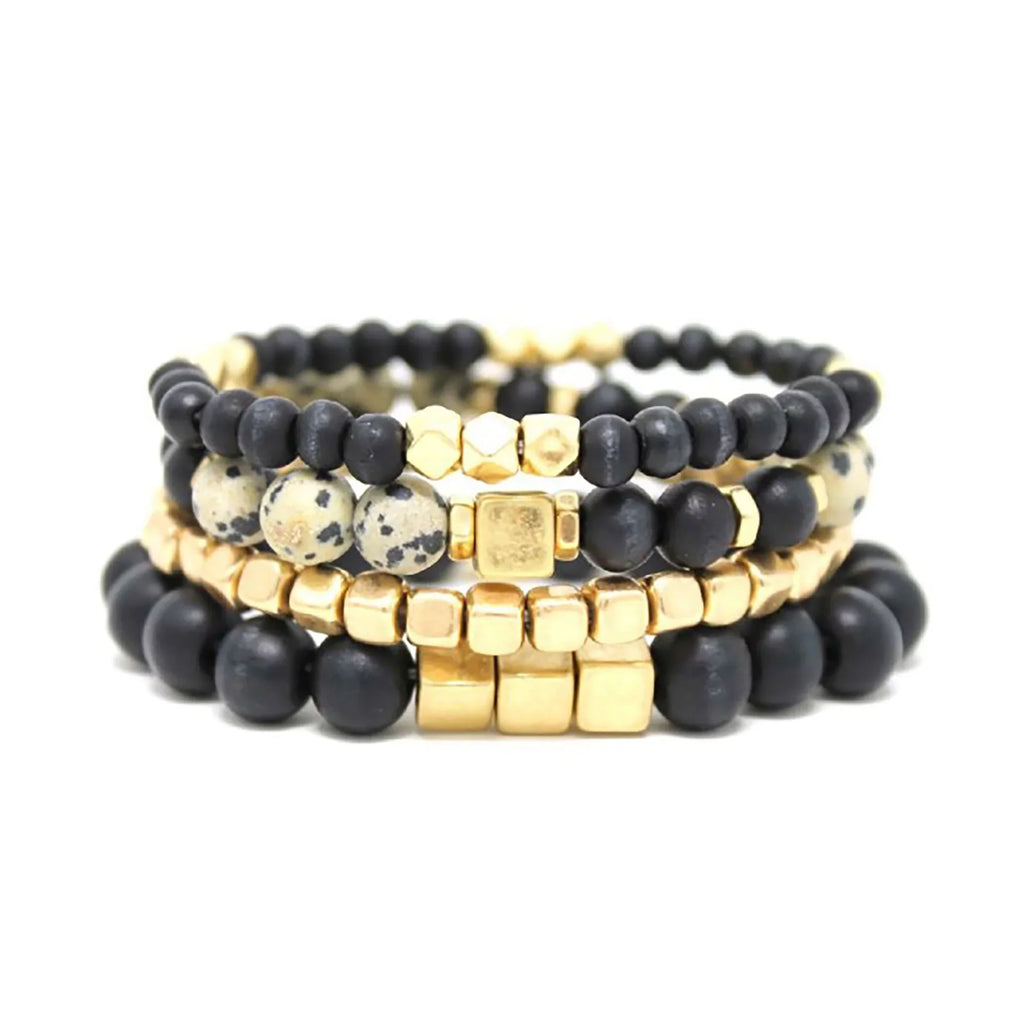 Blue Box Boutique Inc Dragon Jasper Stone Wooden Bead Gold Stacking Stretch Bracelet Set for Women, Teens