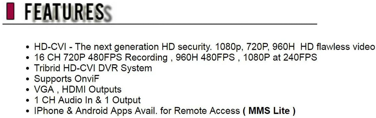 CCTV Security Camera Tribrid HD-CVI 16CH DVR System Supports HD-CVI, Analog , IP Mega Pixel (HDD: 2TB)