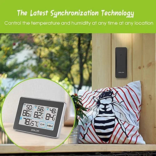 BALDR Digital Wireless Weather Station with 3 Remote Sensors, Real-Time Humidity Meter and Temperature Tracker with LCD, Display Built-in Stand and Hanging Slot, 262 ft Max Distance - Black