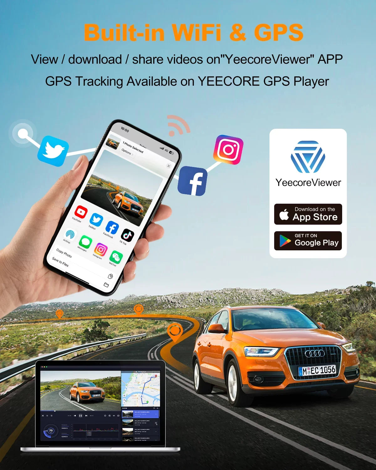 YEECORE Dual Dash Cam, Real 4K+1080P Front and Rear, Built-in WiFi GPS, 3" IPS Display HDR Night Vision, 24H Parking Monitor, 157°Wide Angle Dash Camera for Cars, G-Sensor, Loop Recording