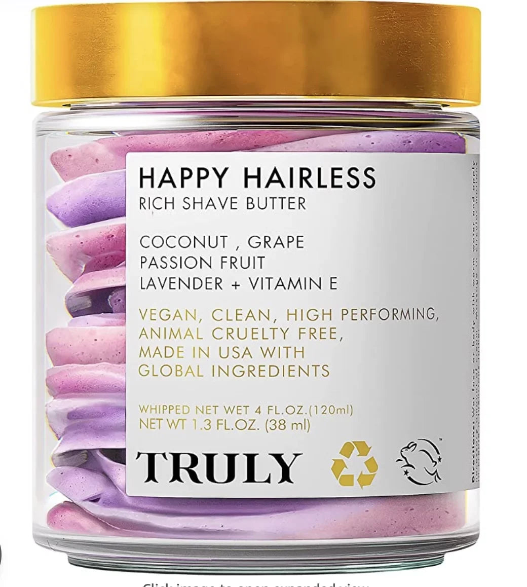 Truly Happy Hairless Shave Butter - Smooth N' Silky Shave Butter for Women With Coconut Shave Cream - Vegan and Cruelty Free Shaving Butter for Women - 1.3 OZ