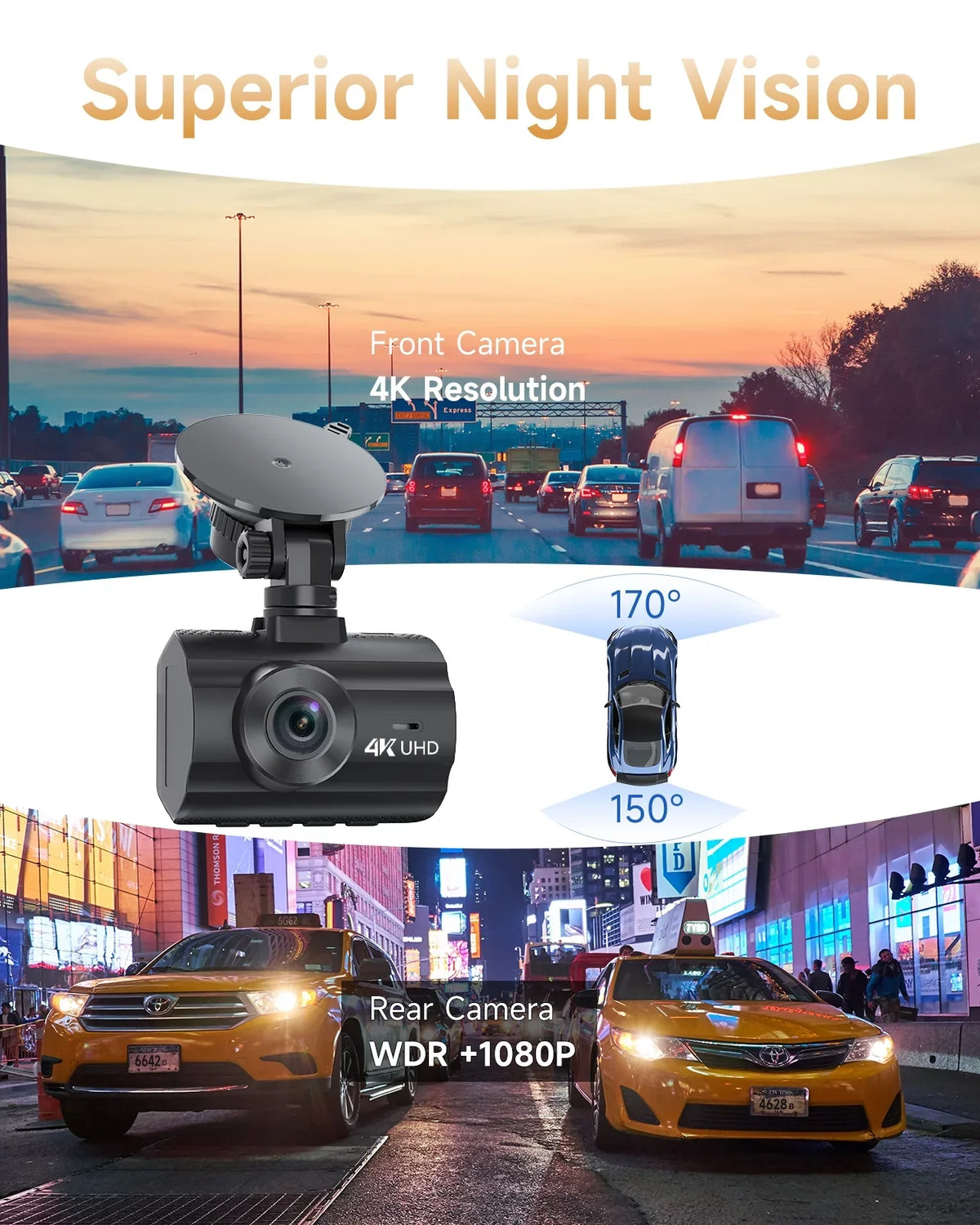 4K Dash Cam WiFi GPS,4K+1080P Front and Rear, Car Dash Camera, Dashcam with 2" LCD Monitor 170° Wide Angle, WDR, Night Vision,Parking Mode, G-Sensor,Black