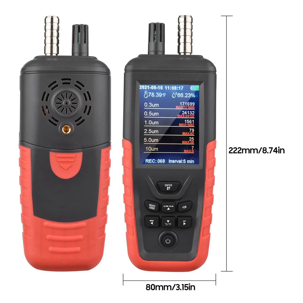 Walmeck Dust Particle Counter 6-Channel 0.3um/ 0.5μm/ 1.0μm/ 2.5μm/ 5.0μm/ 10um PM2.5 PM10 Detector with 3.2-inch Backlight TFT Color Display Air Quality Tester Temperature Humidity Home Offi