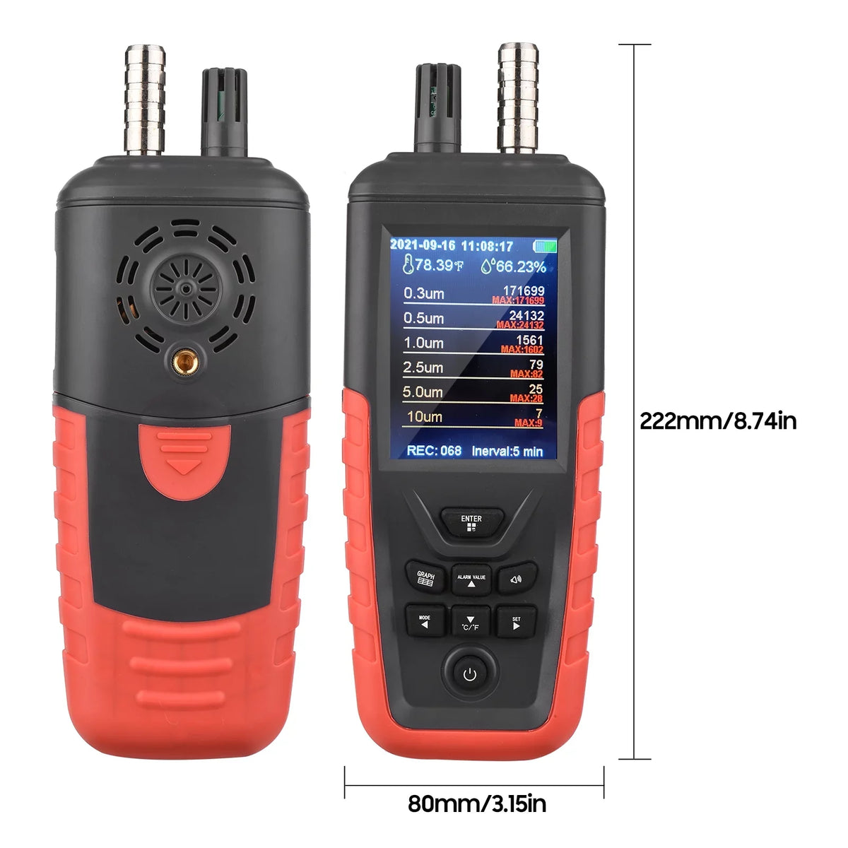 Walmeck Dust Particle Counter 6-Channel 0.3um/ 0.5μm/ 1.0μm/ 2.5μm/ 5.0μm/ 10um PM2.5 PM10 Detector with 3.2-inch Backlight TFT Color Display Air Quality Tester Temperature Humidity Home Offi