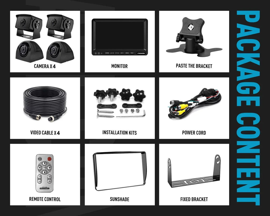 Fookoo HD Backup Camera System, 7'' DVR Split Display Monitor and Liquid Rear View Cameras with Parking Lines Reversing for RV/Truck/Trailer/Bus/Semi-Trailer/Tractor/5th Wheel Trailer(DY704)