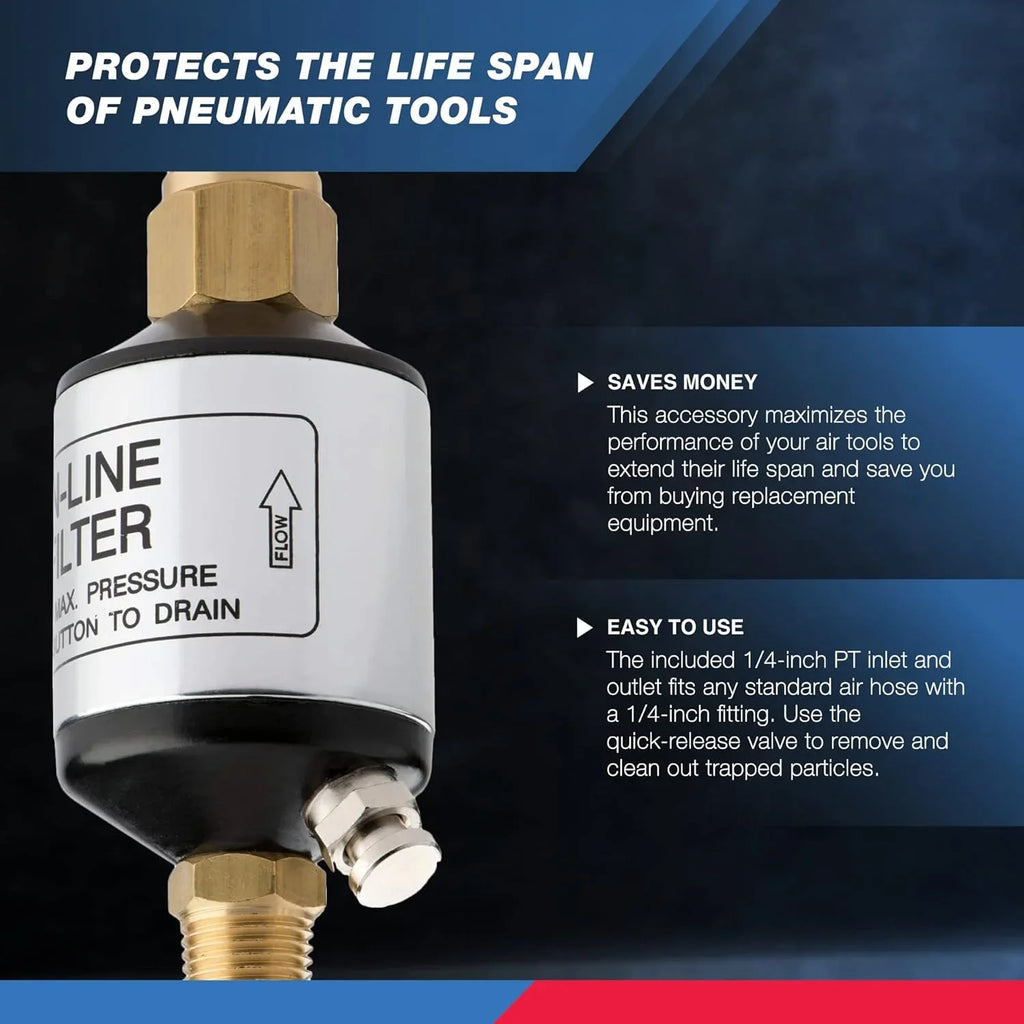 NEIKO 30253A Liquid and Oil Separator for Air Line | 1/4" NPT Inlet and Outlet | 150 PSI | Air Compressor and Air Tool Accessory | Protect Lifespan of Pneumatic Tools | Optimize Efficiency Black