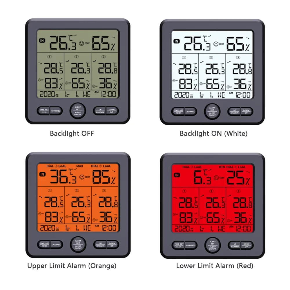 Digital Wireless Indoor Thermohygrometer with 3 Remote Sensors 98ft/ 30m Backlight & Alarm Calibration Function Humidity with 3 Transmitters Weather Stations for Home Office