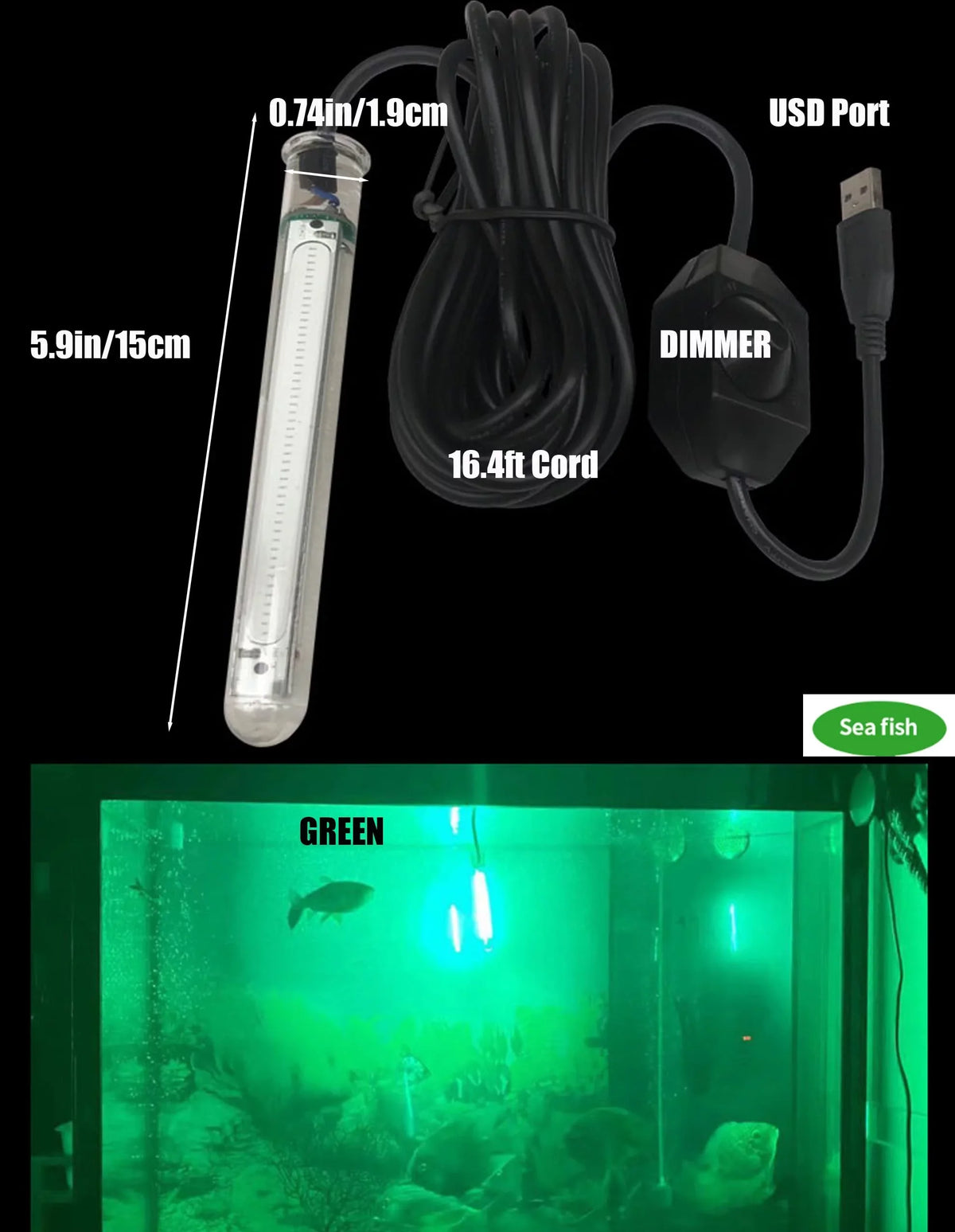 FSLiving USB LED Charging 5V Fluid Fishing Light Fish Attracting Light,Night Fishing Light Portable Dimmable Submersible Fishing Light 20W Finder for Camping 16.4ft - Green