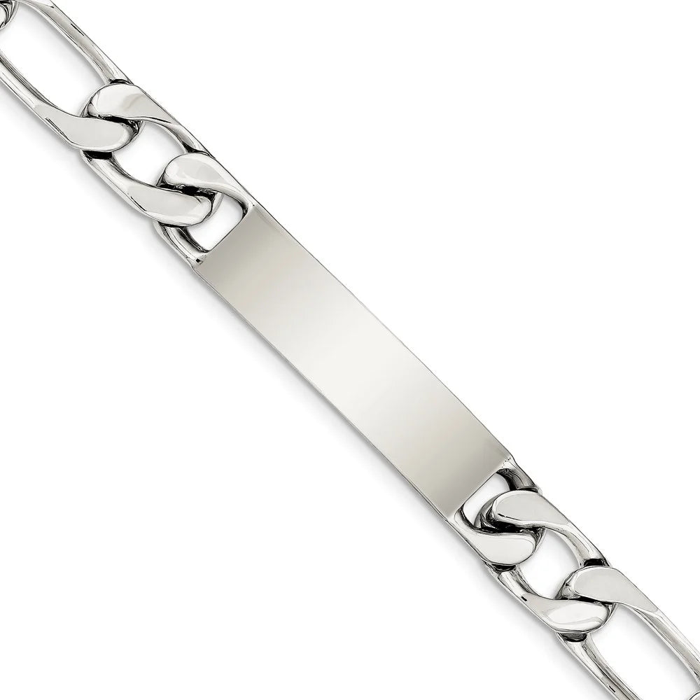 Sterling Silver Bracelet ID Figaro Men's 12 mm 8.5 in Polished Engraveable Link