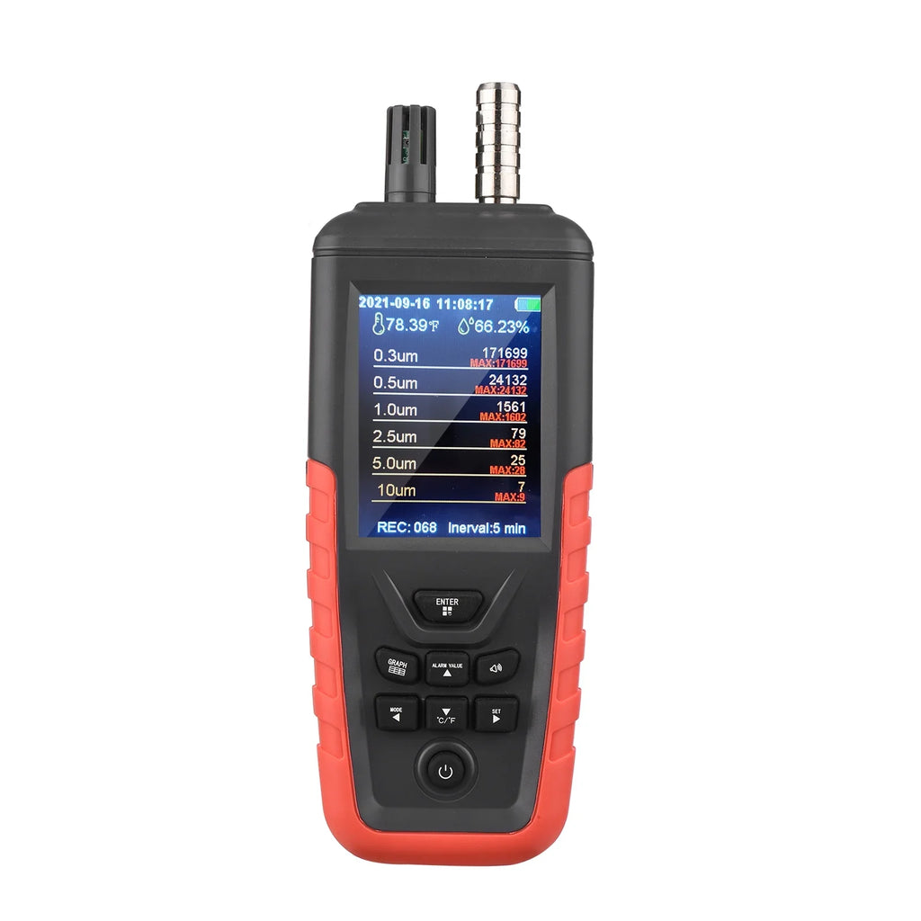 Walmeck Dust Particle Counter 6-Channel 0.3um/ 0.5μm/ 1.0μm/ 2.5μm/ 5.0μm/ 10um PM2.5 PM10 Detector with 3.2-inch Backlight TFT Color Display Air Quality Tester Temperature Humidity Home Offi