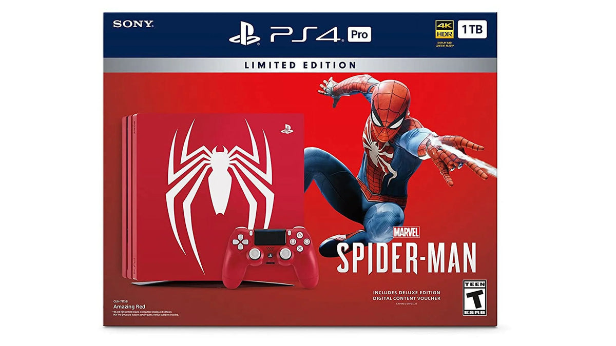 PlayStation 4 Pro 1TB Gaming Console Spider-Man Limited Edition With HDMI Cable + 2 Controller BOLT AXTION Bundle Like New