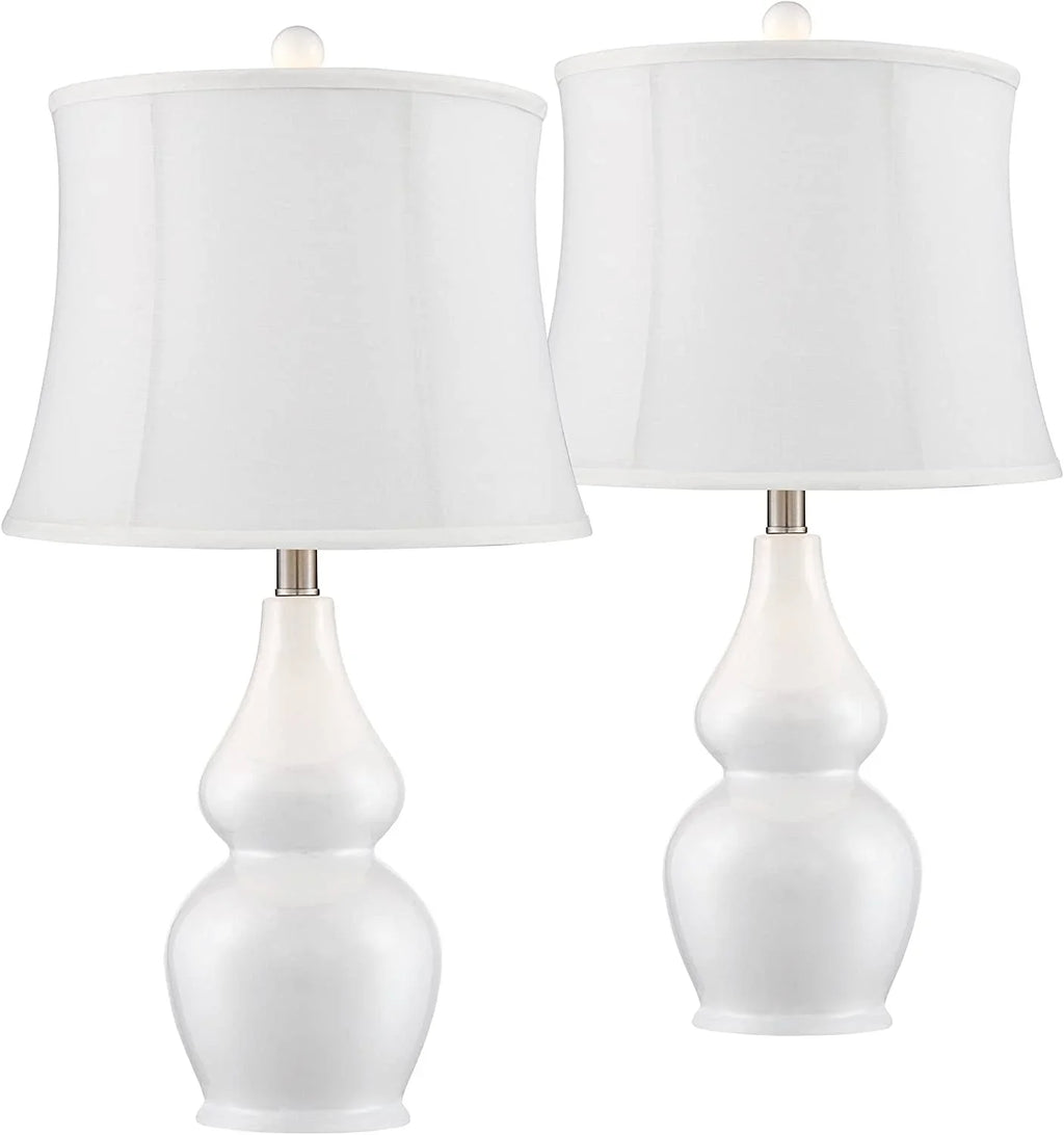 TJUNBOLIFE Lighting Jane Modern Table Lamps 25" Tall White Ceramic Double Gourd Softback Fabric Tapered Drum Shade for Bedroom Living Room House Home Bedside Nightstand Office Entryw