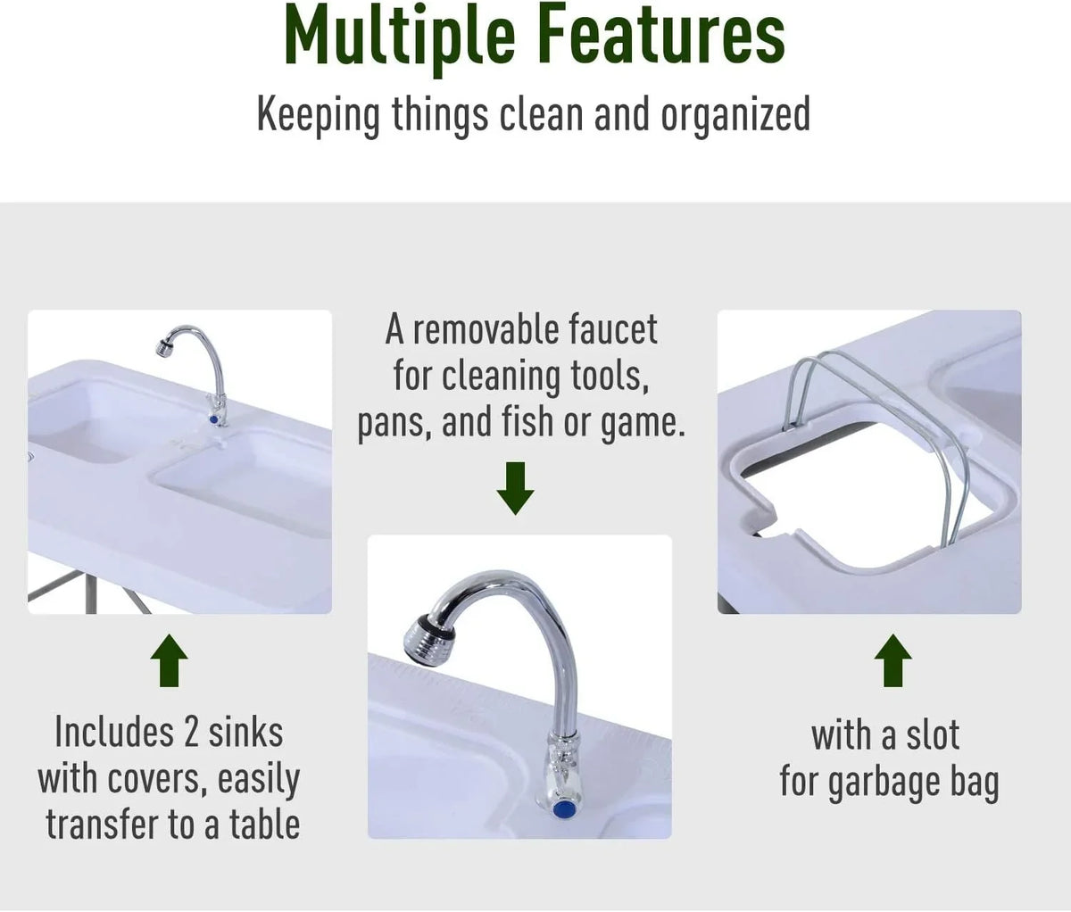 Folding Camping Table with Faucet and Dual Liquid Basins, Outdoor Fish Table Sink Station, for Picnic, Fishing, 40''