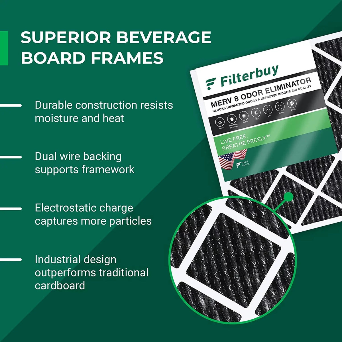 Filterbuy 16x18x1 MERV 8 Odor Eliminator Pleated HVAC AC Furnace Air Filters with Activated Carbon (3-Pack)
