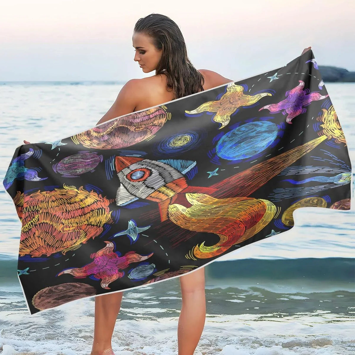 Bestwell Embroidered Universe Pattern Beach Towel - Lightweight Compact Oversized Travel Towels - Super Absorbent Quick Dry Towel for Swimming Camping Holiday（366）