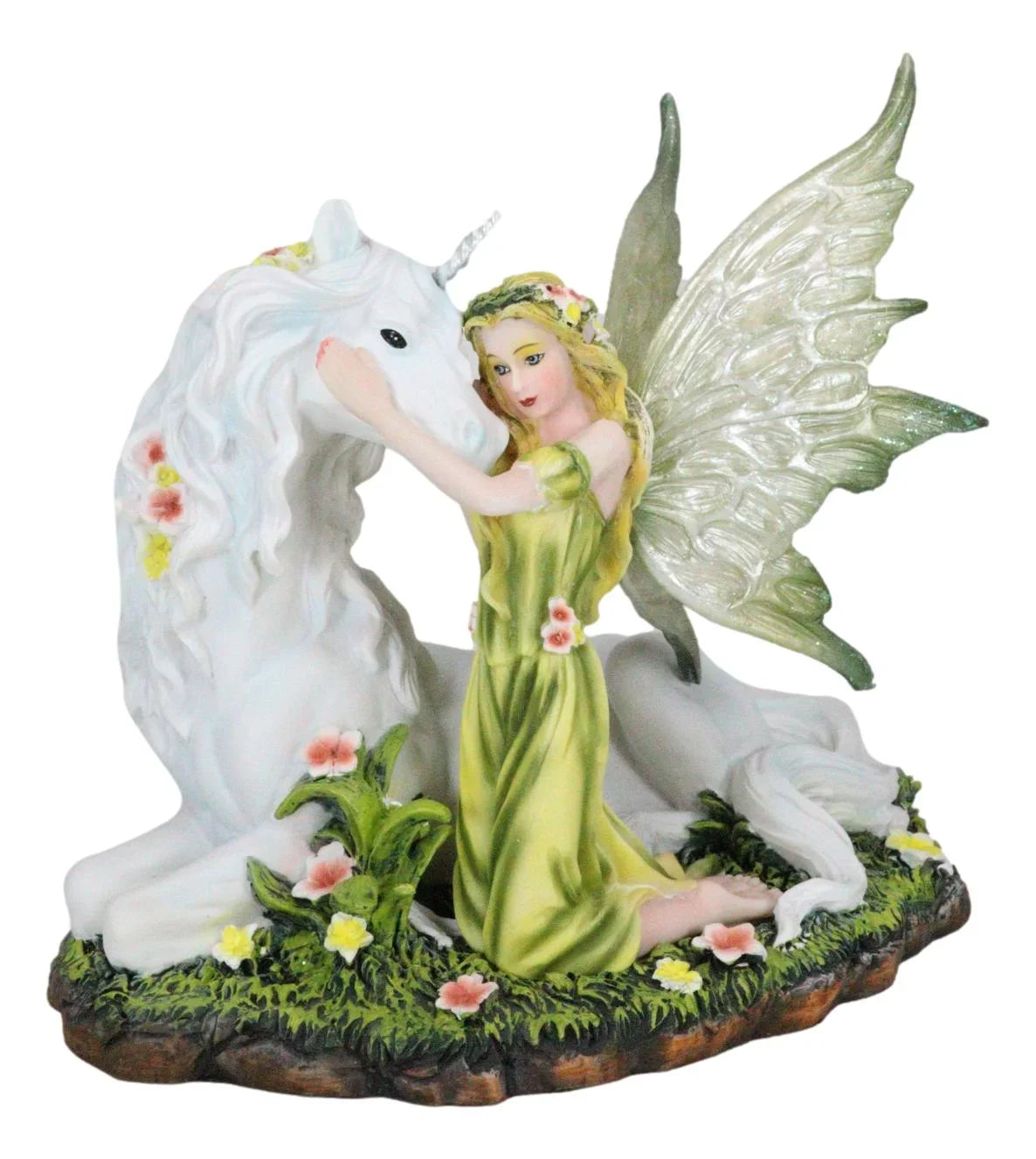Green Earth Gaia Fairy With Rare Floral White Unicorn Statue Decor Figurine 7"L