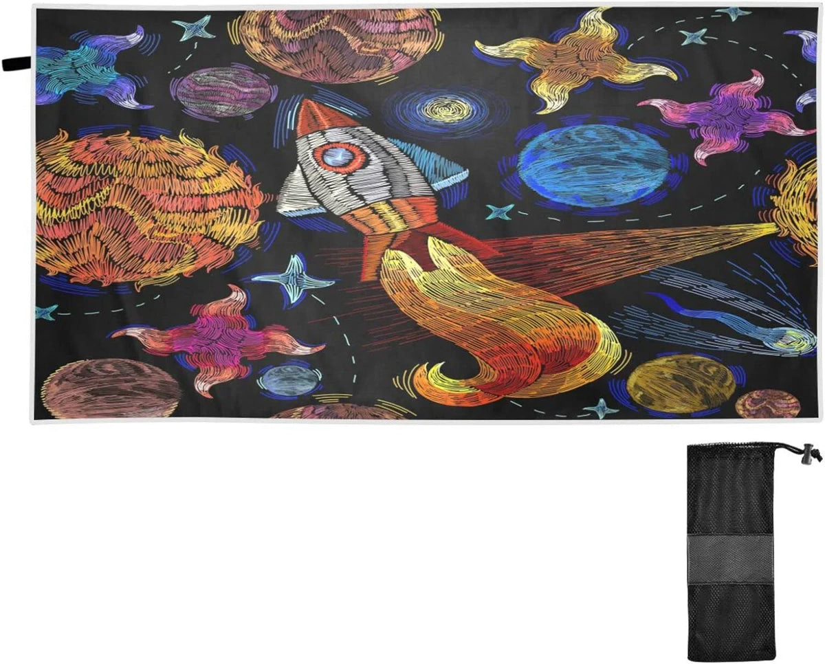 Bestwell Embroidered Universe Pattern Beach Towel - Lightweight Compact Oversized Travel Towels - Super Absorbent Quick Dry Towel for Swimming Camping Holiday（366）