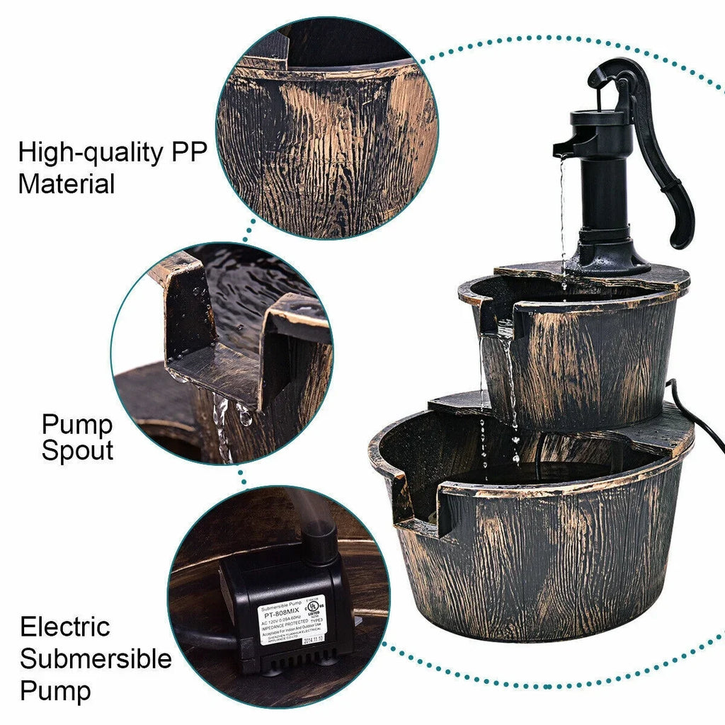2-Tier Barrel Liquid Fountain with Pump | Outdoor Garden Barrel Fluid Fountain