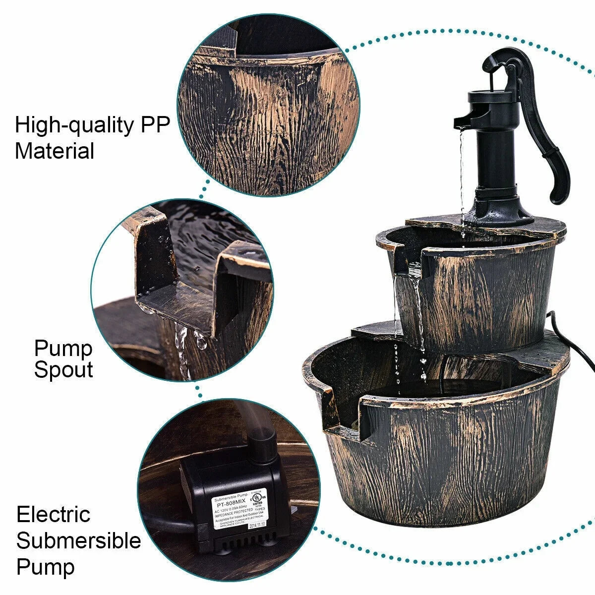 2-Tier Barrel Liquid Fountain with Pump | Outdoor Garden Barrel Fluid Fountain