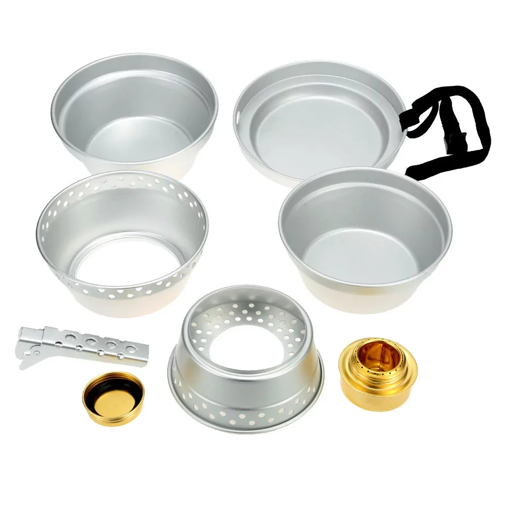 ammoon Cookware Set Portable Camping Stove Spirit with Stand Pot Pan and Gripper for Backpacking Hiking Picnic BBQ