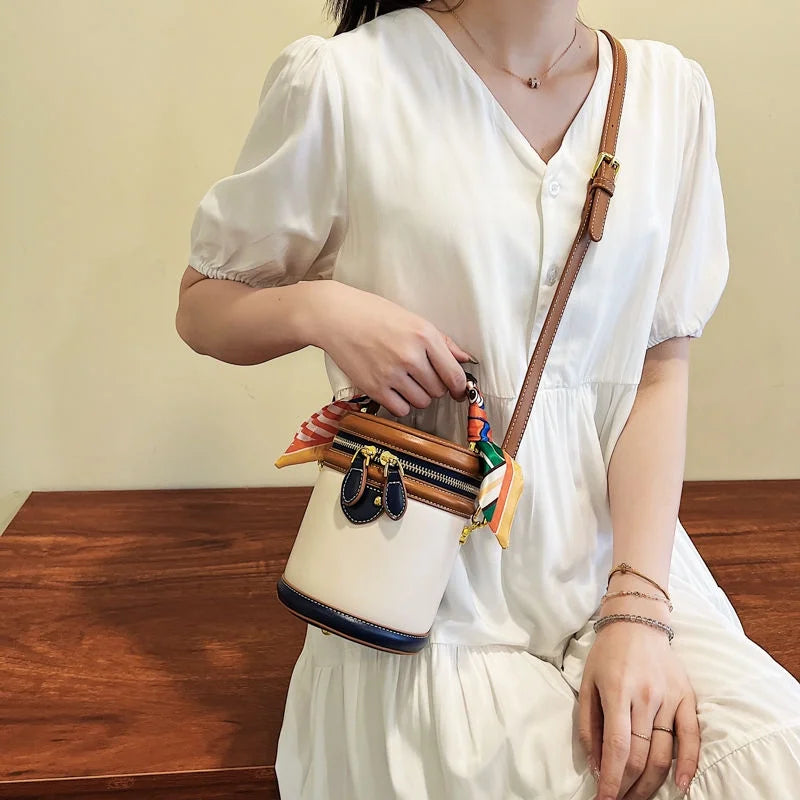 moocr Shoulder Cylinder Bucket Bag Scarf Decor Top Handle Bag Stylish Crossbody Purse For Women