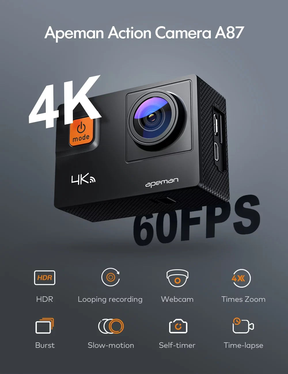Apeman A87 Action Camera, UHD 4K/60fps 20MP Display WiFi Liquid Camcorder for Motorbike and Skateboard Camera