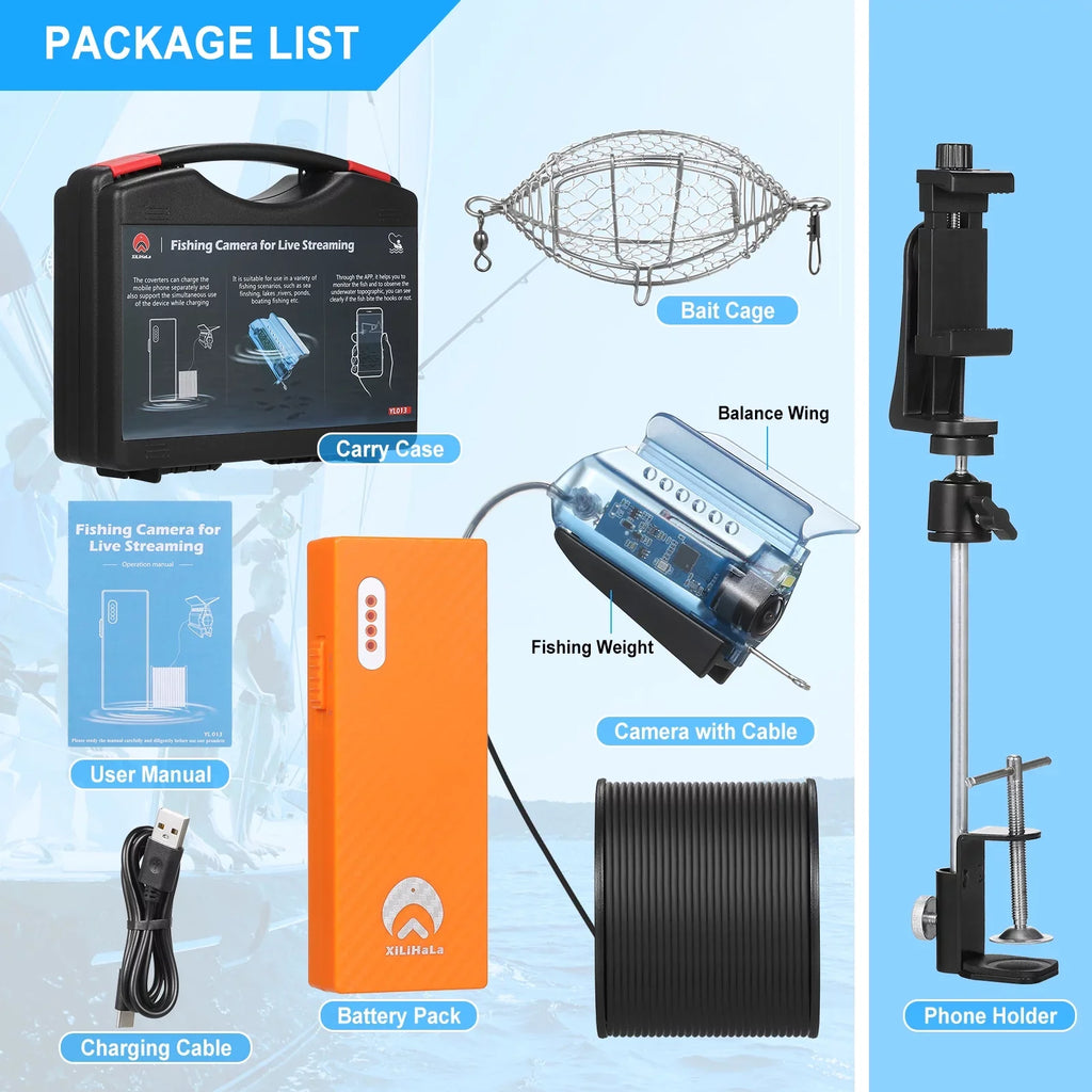 Carevas 1080P Fluid Fishing Camera with APP Control Fishing Live Video Camera Fish Finder with 50M Cable Mobile Phone Holder Bait Cage Carry Case for Ice Lake Sea Boat Kayak Fishing