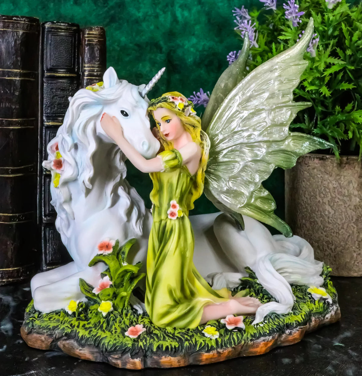 Green Earth Gaia Fairy With Rare Floral White Unicorn Statue Decor Figurine 7"L