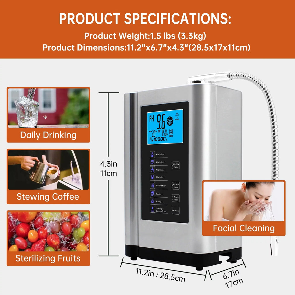 Alka Liquid Ionizer, Liquid Purifier Machine PH 3.5-10.5 Alkaline Acid Liquid Machine,Up to -500mV ORP, 8000 Liters Per Filter,7 Liquid Chipset Voice(Silver)